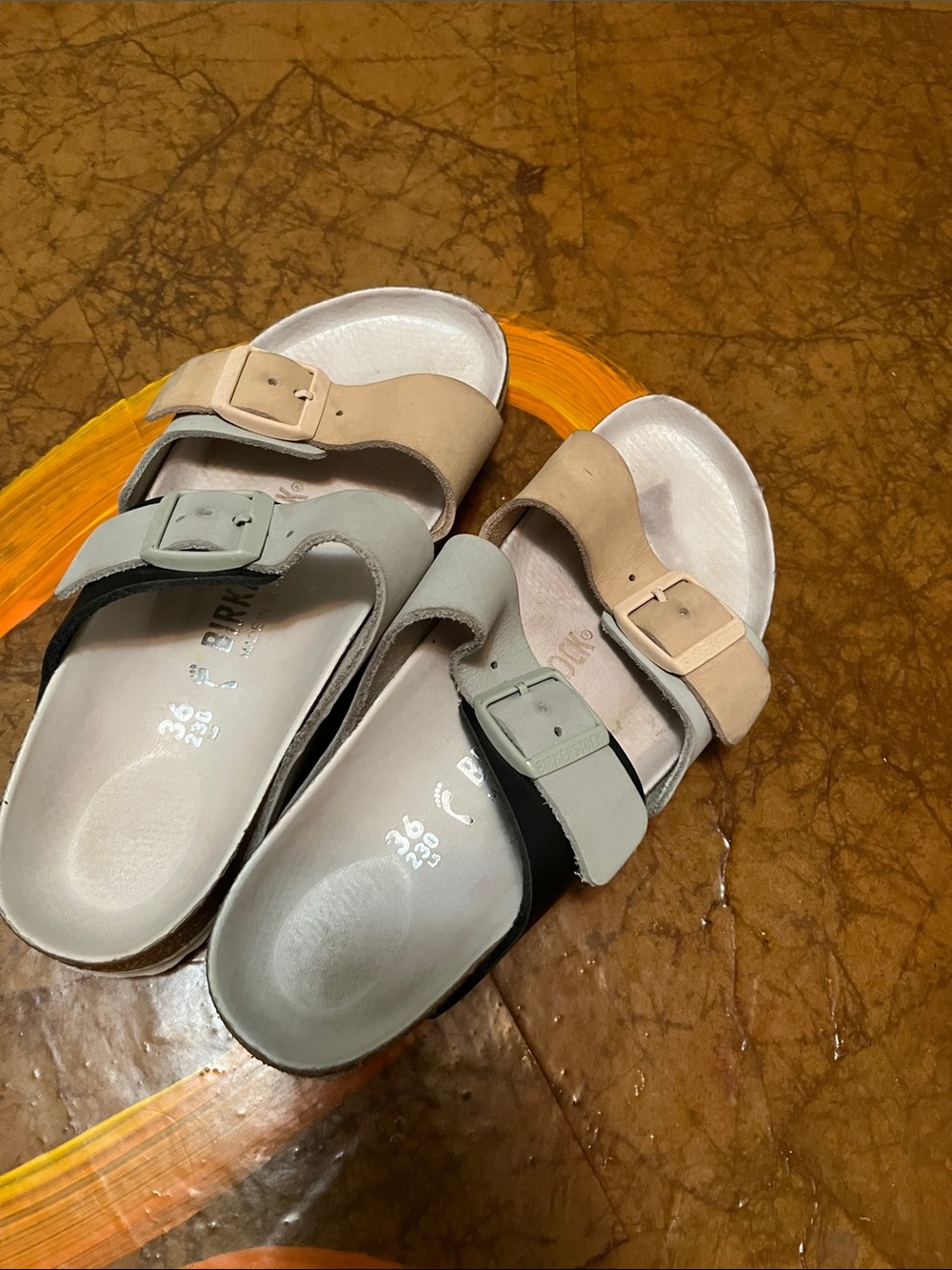 Women’s Birkenstock Two-Band Sandals in Beige and Light Gray SZ 36 - Picture 5 of 11